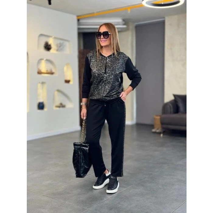 ieg™ Kadın Uzun Kollu önden Fermuarlı Leopar Desenli Viskon Iki Iplik Bluz Ve Pantolon Ikili Takım