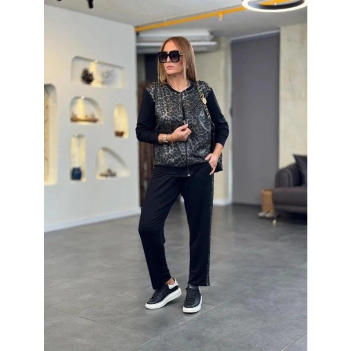 ieg™ Kadın Uzun Kollu önden Fermuarlı Leopar Desenli Viskon Iki Iplik Bluz Ve Pantolon Ikili Takım