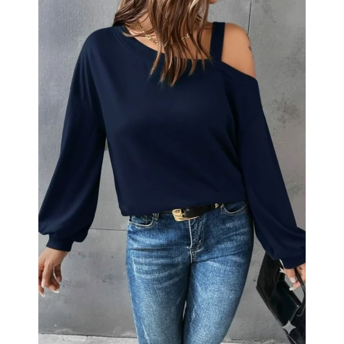 ieg™ Kadın Uzun Kollu Tek Omuz Askı Detay Salaş Viskon Iki Iplik Bluz