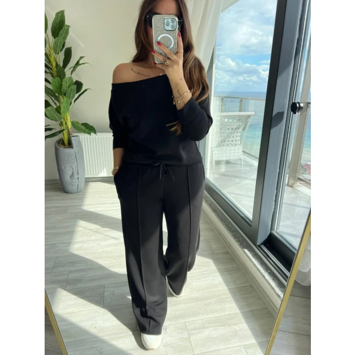 ieg™ Kadın Uzun Kollu Tek Omuzdan Açık Modal Bluz Ve Pantolon Ikili Takım