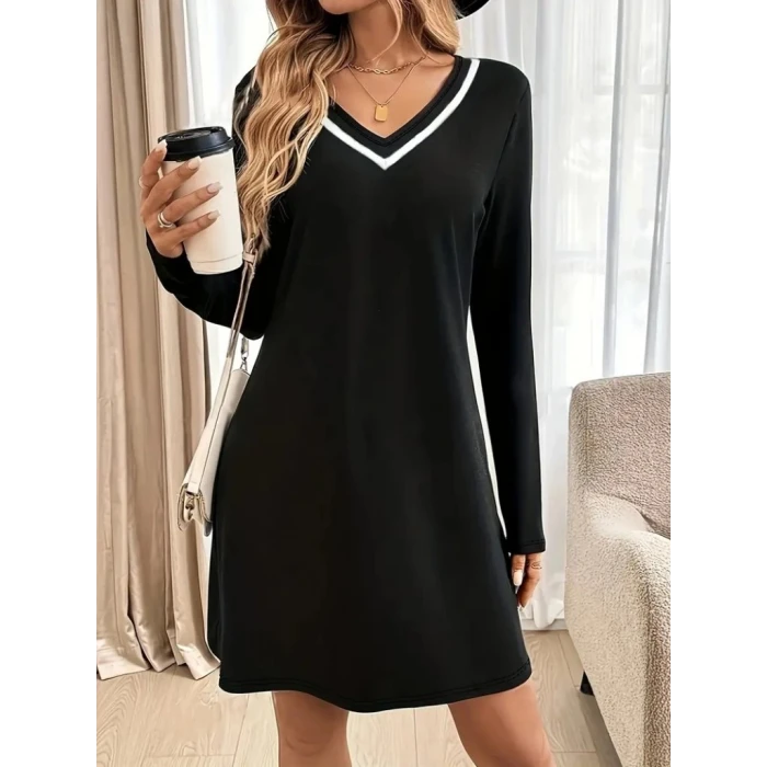 ieg™ Kadın Uzun Kollu V şerit Yakalı Kısa Viskon Iki Iplik Elbise