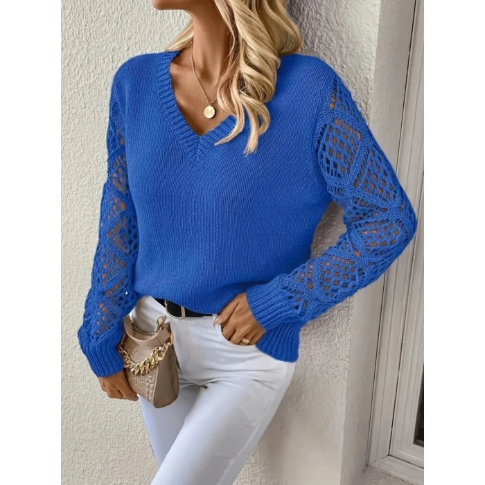 ieg™ Kadın Uzun Kollu V Yaka Kol Delikli Baklava Desen Detaylı Triko Kazak