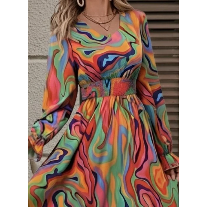 ieg™ Kadın Uzun Kollu V Yakalı Desenli Maxi Süprem Elbise