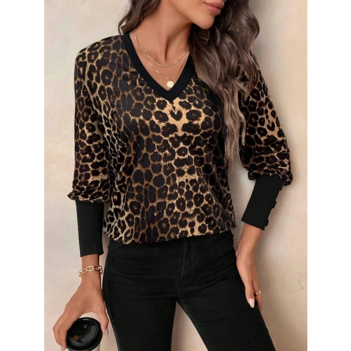 ieg™ Kadın Uzun Kollu V Yakalı Desenli Süprem Bluz