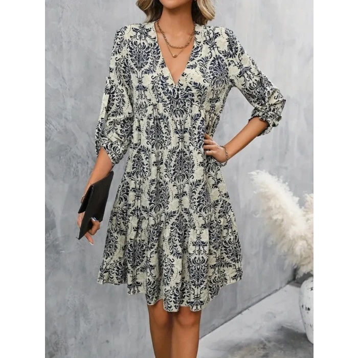 ieg™ Kadın Uzun Kollu V Yakalı Fırfırlı Mini Süprem Elbise