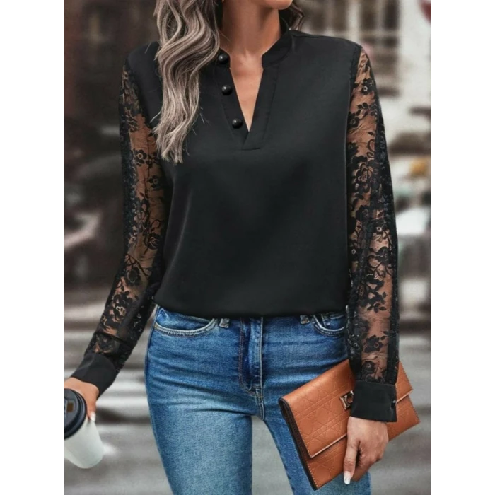 ieg™ Kadın Uzun Kollu Yaka Düğme Detay Güpürlü Kol Krep Bluz