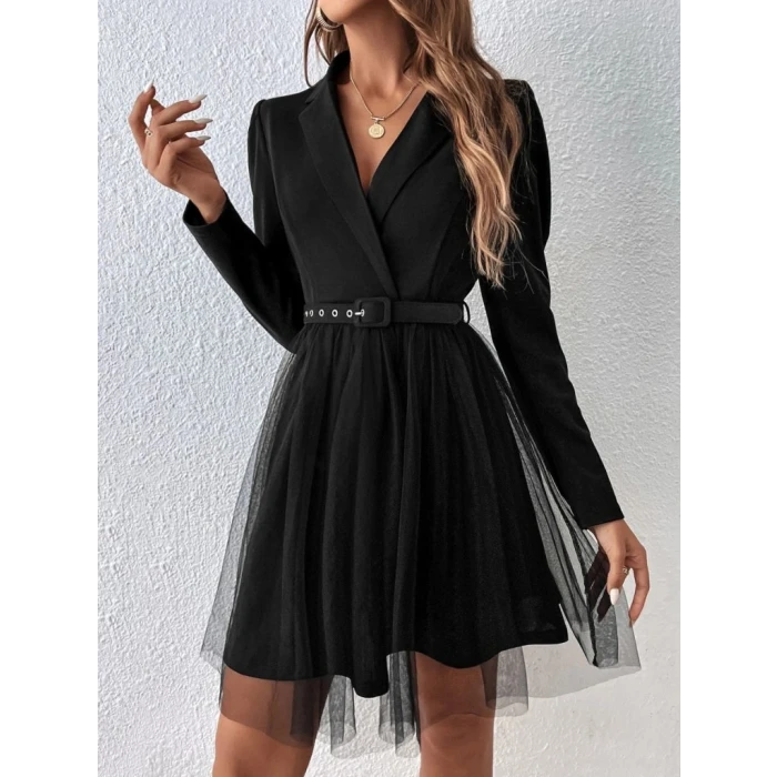 ieg™ Kadın Uzun Kollu Yakalı Belinde Kemer Detaylı Mini Tüllü Ithal Krep Elbise