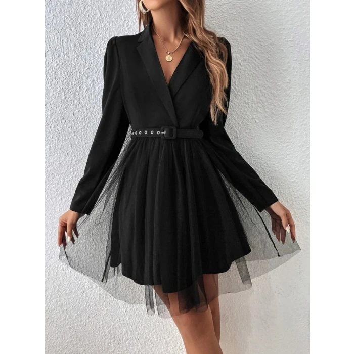 ieg™ Kadın Uzun Kollu Yakalı Belinde Kemer Detaylı Mini Tüllü Ithal Krep Elbise