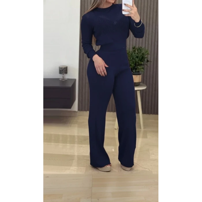 ieg™ Kadın Uzun Kollu Yuvarlak Yaka Transparan Detaylı Triko Bluz Ve Pantolon Ikili Takım