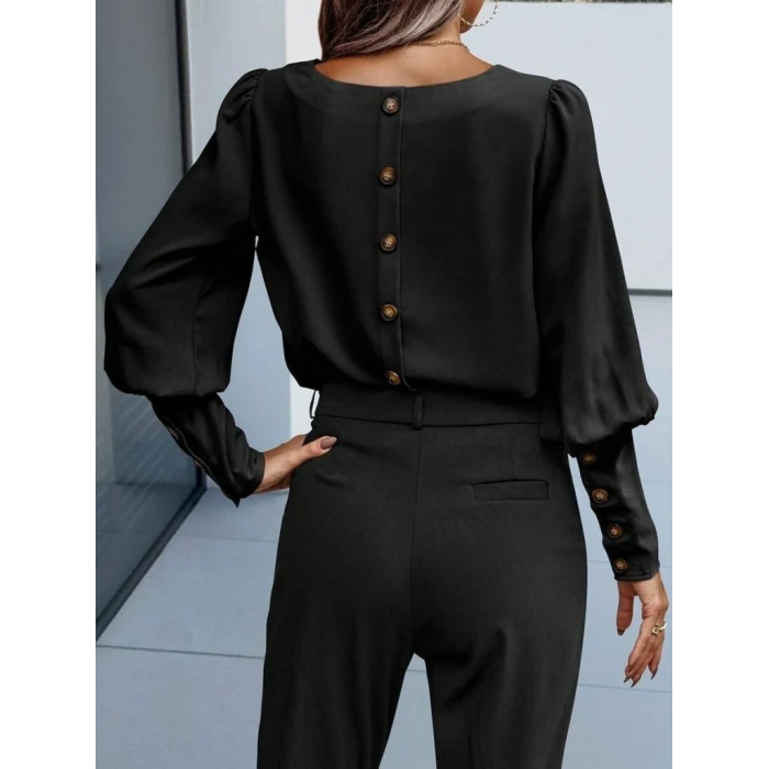 ieg™ Kadın Uzun Kollu Yuvarlak Yakalı Düğmeli Ithal Krep Bluz