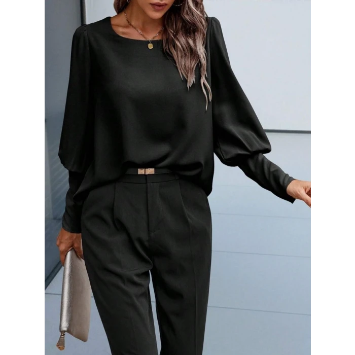 ieg™ Kadın Uzun Kollu Yuvarlak Yakalı Düğmeli Ithal Krep Bluz