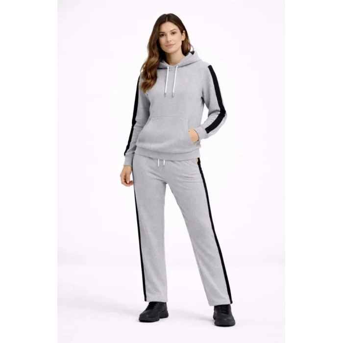 ieg™ KADIN Yandan Şeritli Eşofman Takım Kapüşonlu Sweatshirt Boru Paça Alt, Oversize 3 Iplik Pamuklu - Gri