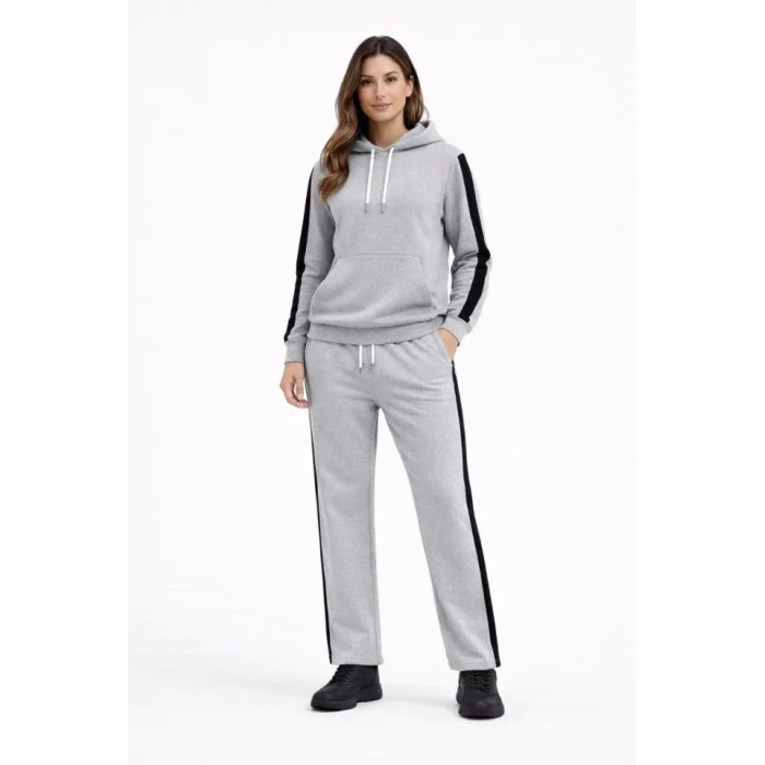 ieg™ KADIN Yandan Şeritli Eşofman Takım Kapüşonlu Sweatshirt Boru Paça Alt, Oversize 3 Iplik Pamuklu - Gri