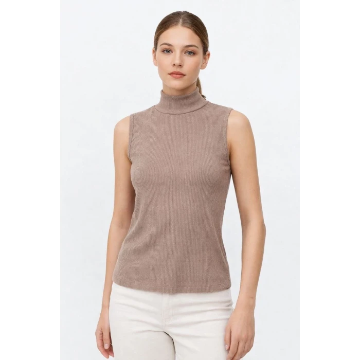 ieg™ Kadın Yarım Balıkçı Yaka Fitilli Kaşkorse Atlet Basic Şık Badi - Bej