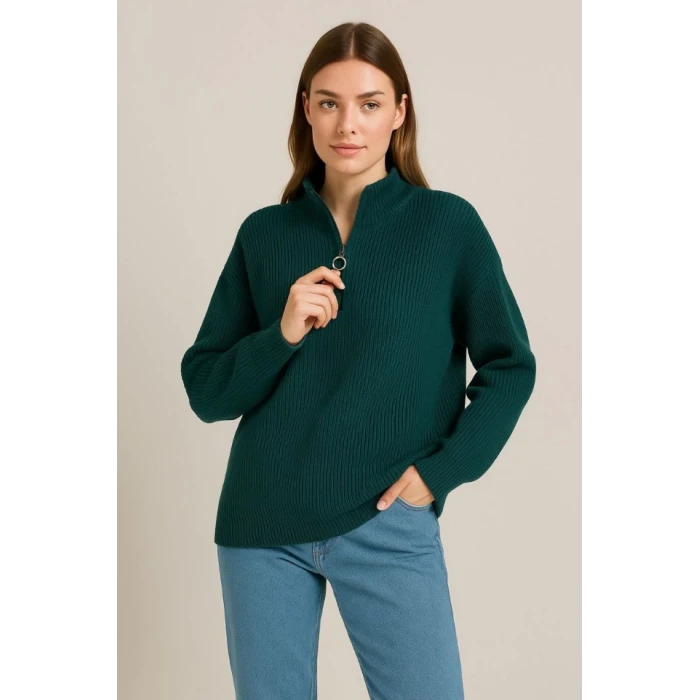 ieg™ KADIN Yarım Fermuarlı Triko Kazak – Selanik Örgü, Dik Yaka, Pamuklu Dokuma, Oversize Uzun Kollu Kışlık Model - Haki