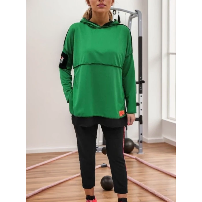 ieg™ Kadın Yeşil Kapşonlu Etek Ucu Detay Arma Ters Dikiş Gorunumlu Ikili Takım