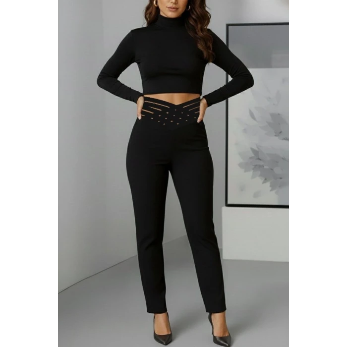 ieg™ Kadın Yüksek Bel çapraz şerit Detaylı Ithal Krep Pantolon