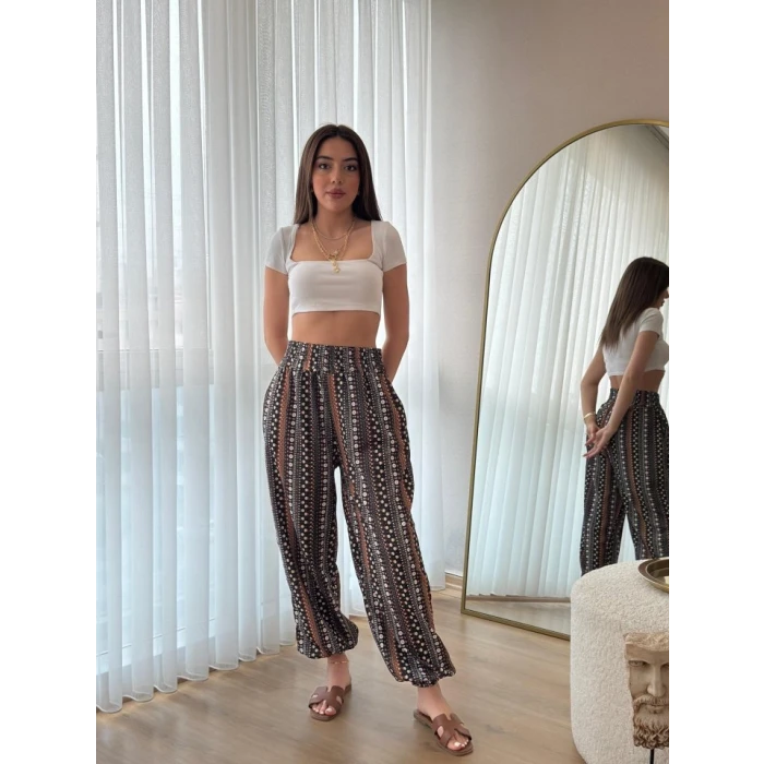 ieg™ Kadın Yüksek Bel Etnik Desenli Geniş Dökümlü Bürümcük Pantolon