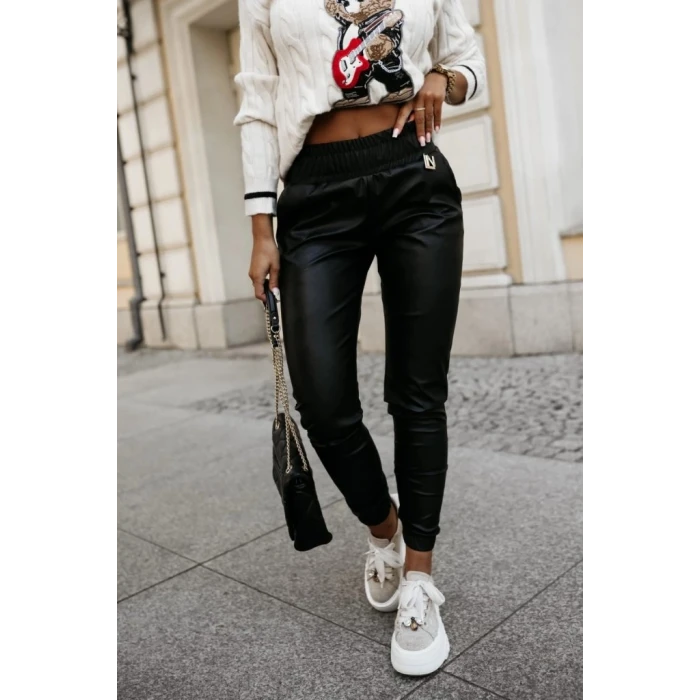 ieg™ Kadın Yüksek Bel Lastikli Cepli Deri Pantolon