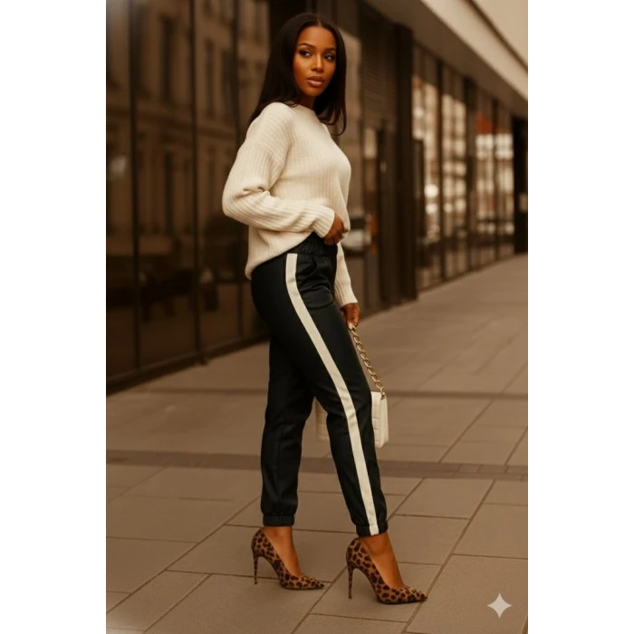 ieg™ Kadın Yüksek Bel Lastikli Yan şerit Detaylı Deri Pantolon