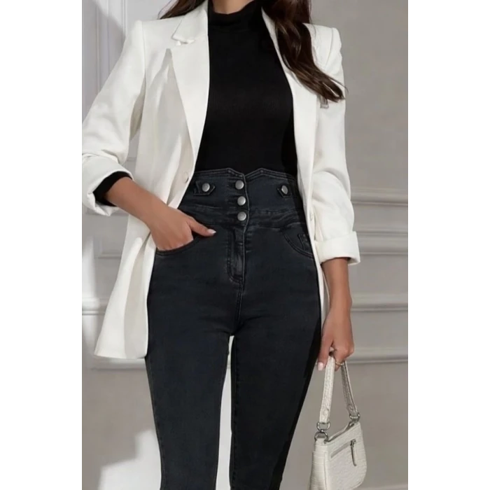 ieg™ Kadın Yüksek Bel önden Düğmeli Cepli Dar Kesim Detaylı Kot Pantolon