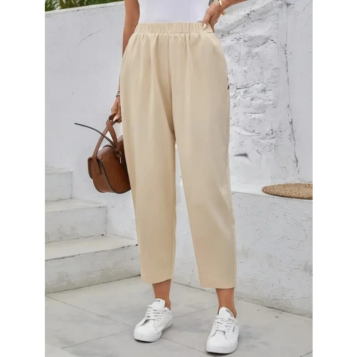ieg™ Kadın Yüksek Bel Yandan Cepli Düğme Detaylı Geniş Kesim Ithal Krep Pantolon
