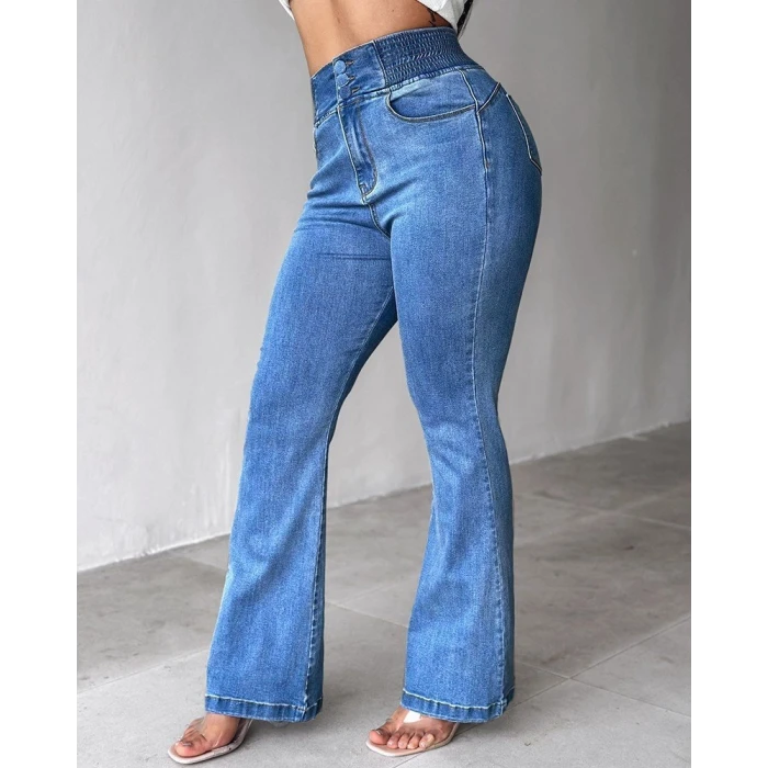 ieg™ Kadın Yüksek Bel Yanları Lastik önü Düğmeli Kot Pantolon