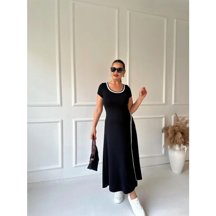 ieg™ Kadın Yuvarlak Ribana Yaka Beyaz Yırtmaç Detaylı Viskon Tam Boy Elbise