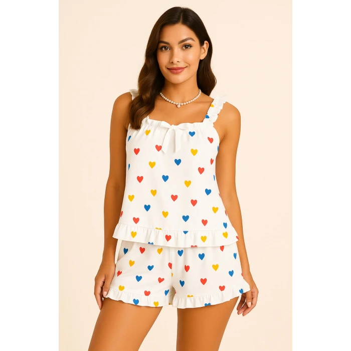 ieg™ Kalp Baskılı Yumuşak Dokulu İp Askılı Şortlu Örme Pijama Takımı-(17952)