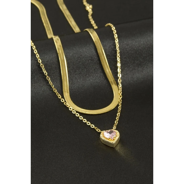 ieg™ Kalp Zirkon Taşlı Çelik İkili Kolye