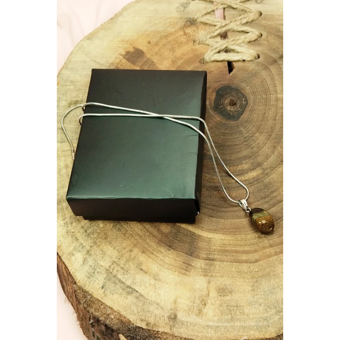 İEG Kaplan Gözü Doğal Taşı Zincirli El Yapımı Kolye Uç: 2 cm Zincir: 20 cm Kutulu