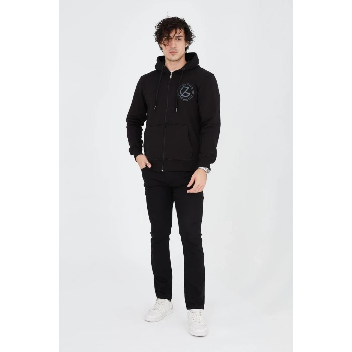 ieg™      Kapüşonlu Baskılı Fermuarlı Hırka - Siyah -