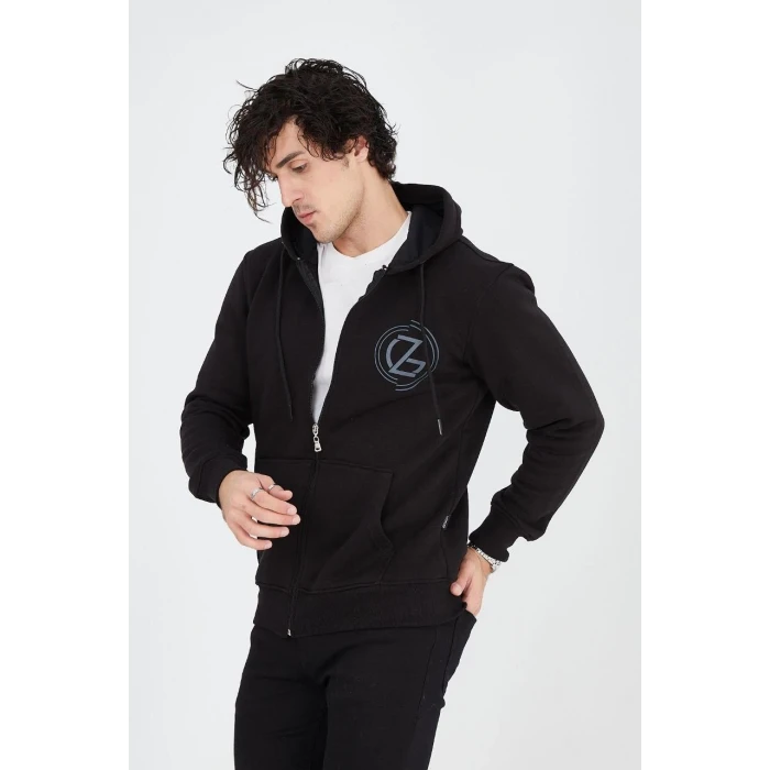 ieg™      Kapüşonlu Baskılı Fermuarlı Hırka - Siyah -