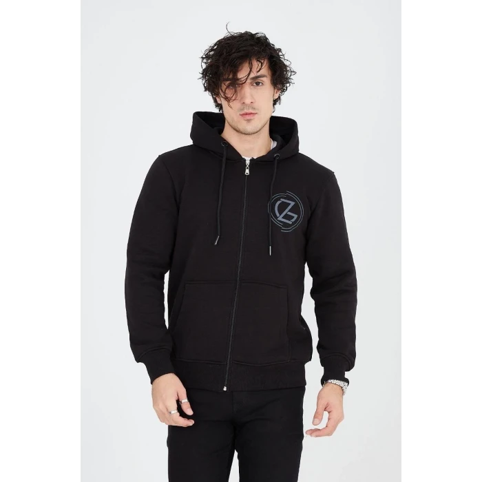 ieg™      Kapüşonlu Baskılı Fermuarlı Hırka - Siyah -
