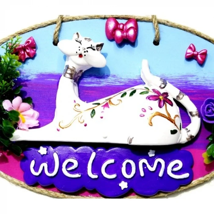 ieg™ Kedi Figürlü Welcome Yazılı El Yapımı Kapı Süsü