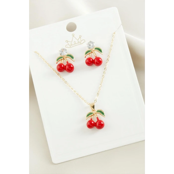 ieg™ Kiraz Zirkon Taşlı Mineli Set Kolye