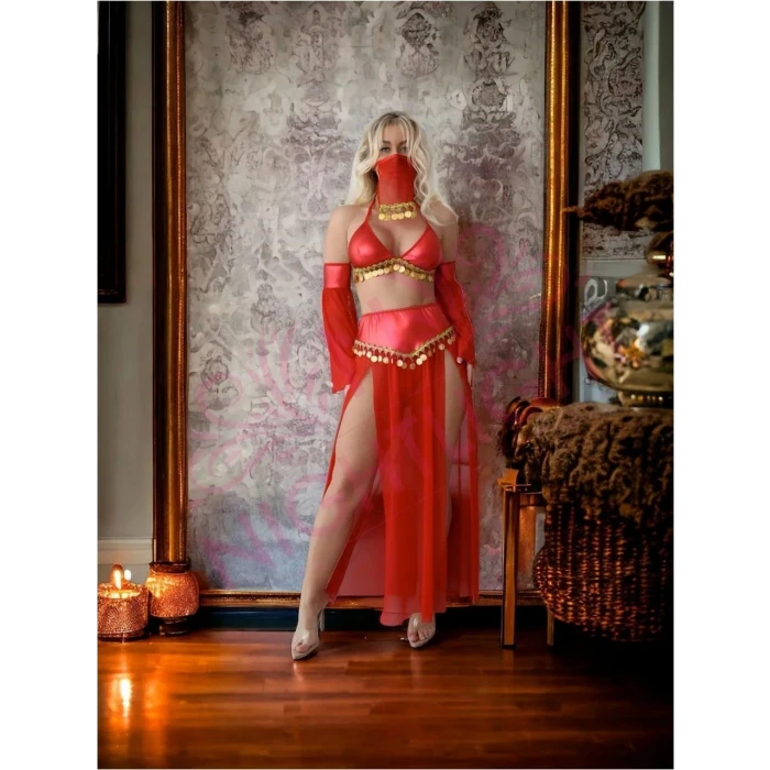 ieg™ Kırmızı Peçeli Dansöz Kıyefeti