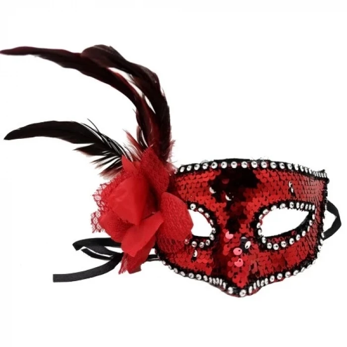 ieg™ Kırmızı Yandan Tüylü Güllü Taşlı Pullu Maske