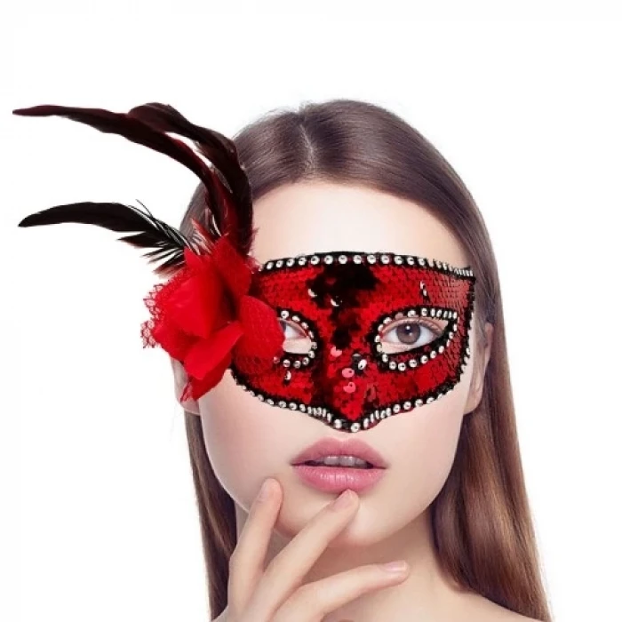 ieg™ Kırmızı Yandan Tüylü Güllü Taşlı Pullu Maske