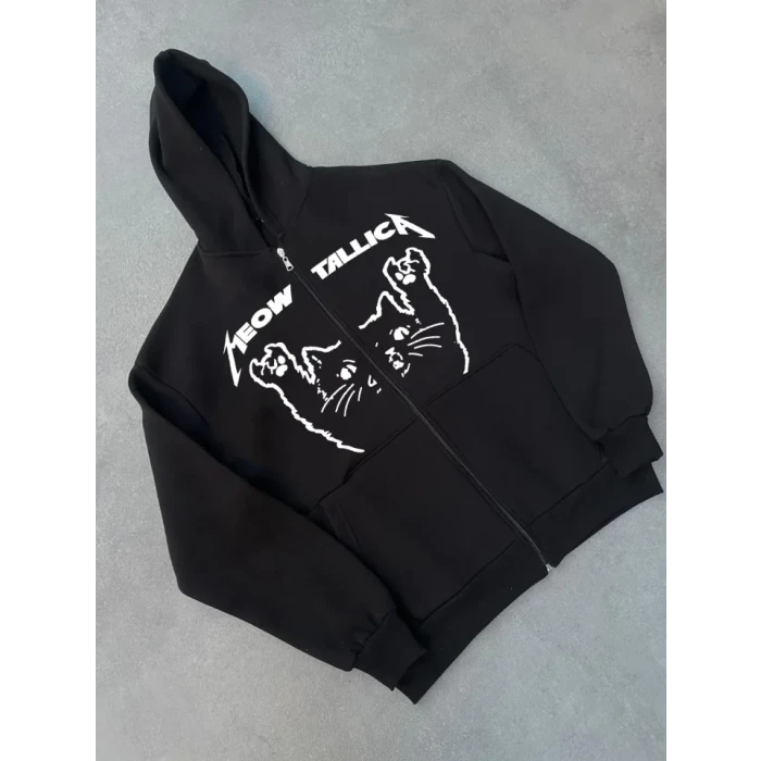 ieg™ Kışlık Baskılı Fermuarlı Kapüşonlu Hırka - Siyah