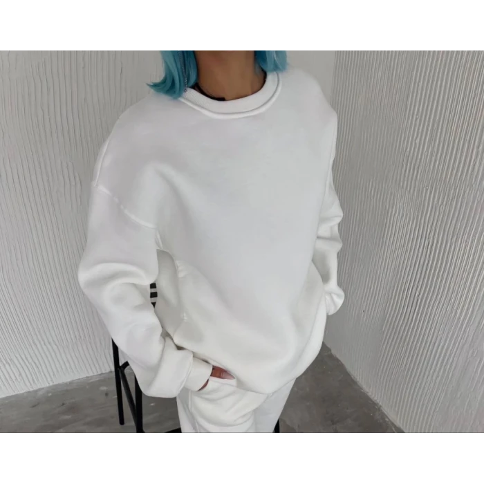 ieg™ Kışlık Bisiklet Yaka Üç İplik Basic SweatShirt - Beyaz