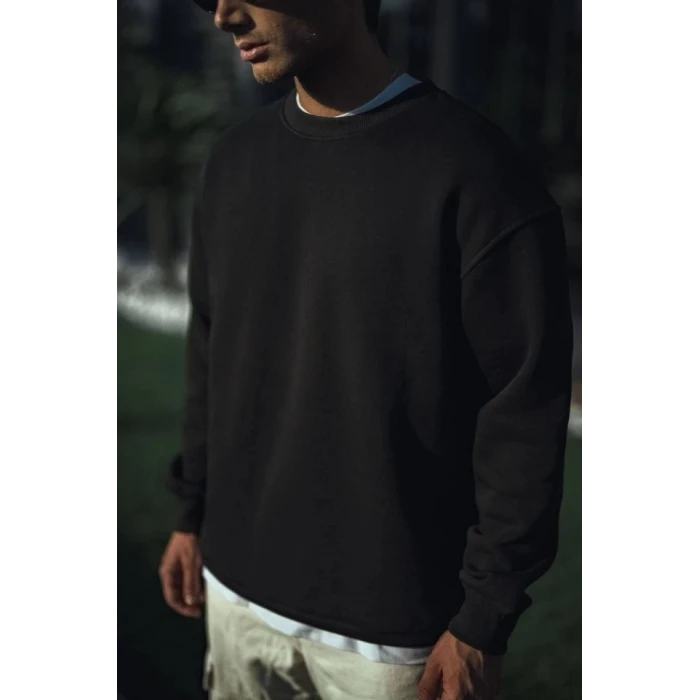 ieg™ Kışlık Bisiklet Yaka Üç İplik Basic SweatShirt - Siyah