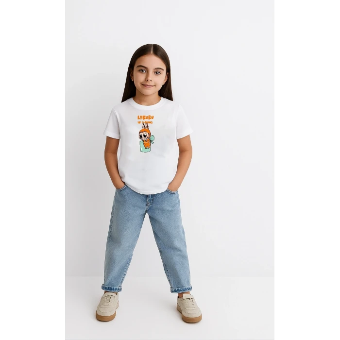 ieg™ Kız Labubu Çocuk Baskılı T-Shirt - Beyaz