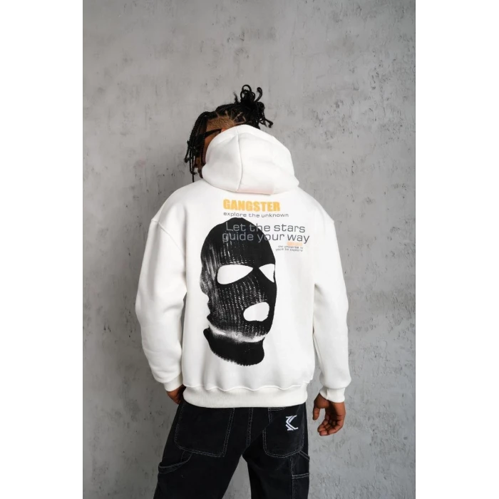 ieg™      Kordonlu Maske Baskılı Kapüşonlu Sweat - Beyaz -