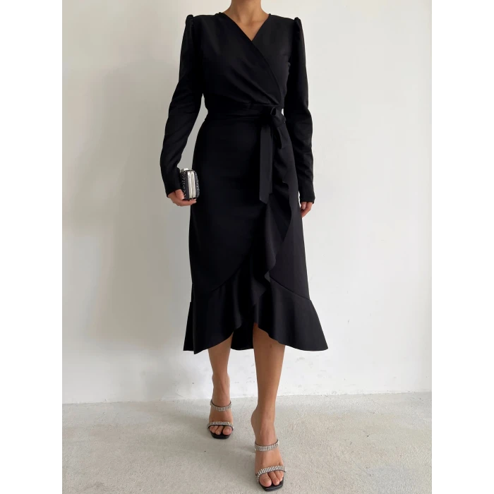 ieg™ Krep Kumaş Midi Boy Kuşaklı Uzunkol Elbise 113 Cm