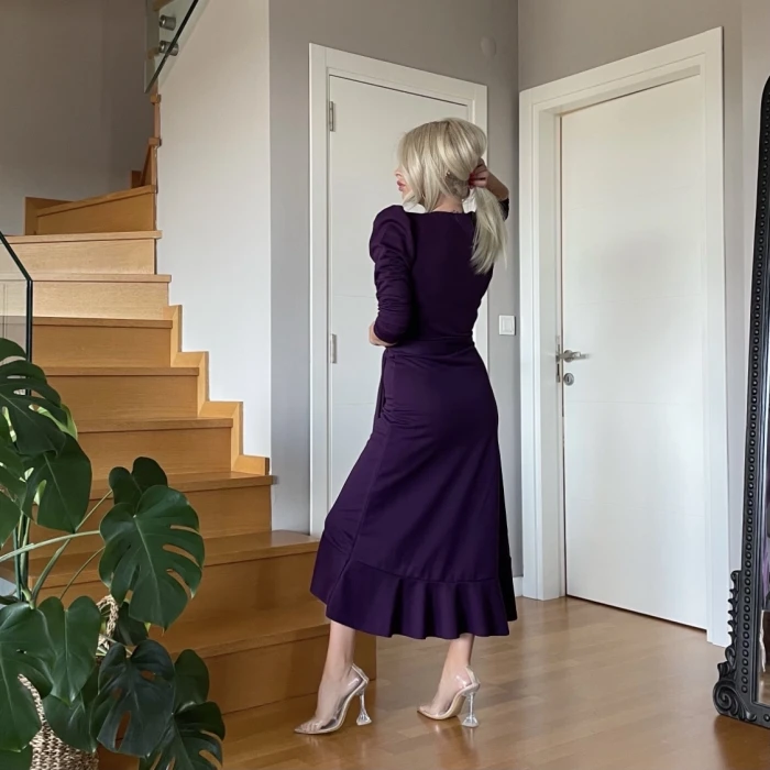 ieg™ Krep Kumaş Midi Boy Kuşaklı Uzunkol Elbise