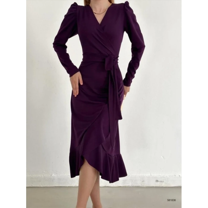 ieg™ Krep Kumaş Midi Boy Kuşaklı Uzunkol Elbise