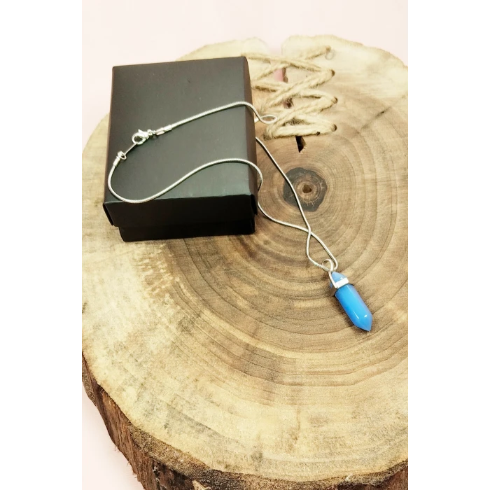 İEG Kyanit Doğal Taşı Zincirli El Yapımı Tasarımlı Kolye Uç: 3,5 cm Zincir: 20 cm Kutulu