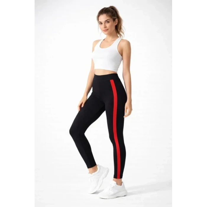 ieg™ Likralı Yan Kırmızı Şeritli Detaylı Tayt - Siyah