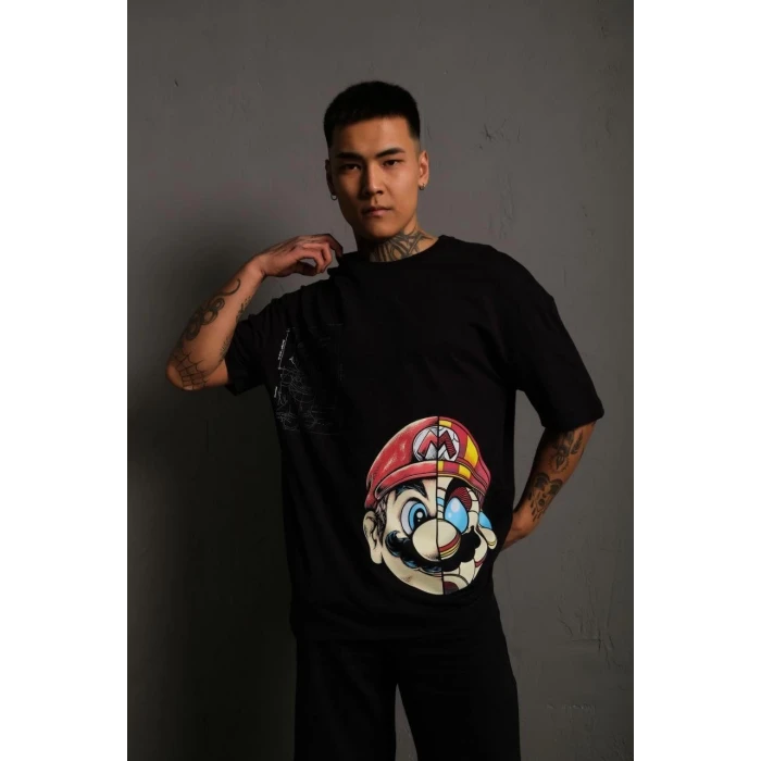 ieg™      Mario Baskılı Oversize T-Shirt - Siyah -